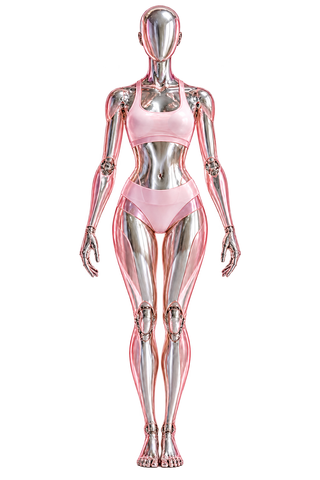 Pink and chrome full-body model used to explore areas involved in movement and balance